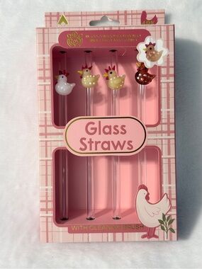 Glass Straws with Decorative Chicken Toppers - Pink Packaging